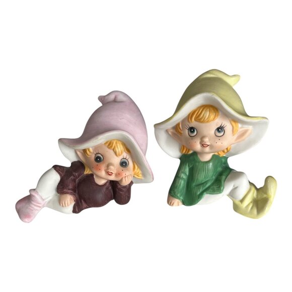 Vintage 1980s HOMCO 5213 Pixie Elf Figurines Set of 2 Made in Taiwan Mushroom Ha - Picture 1 of 5